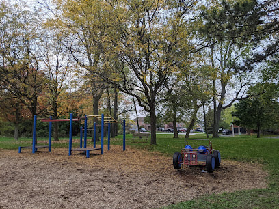 Blue playground with play vehicle in Southwood, Cambridge, Ontario